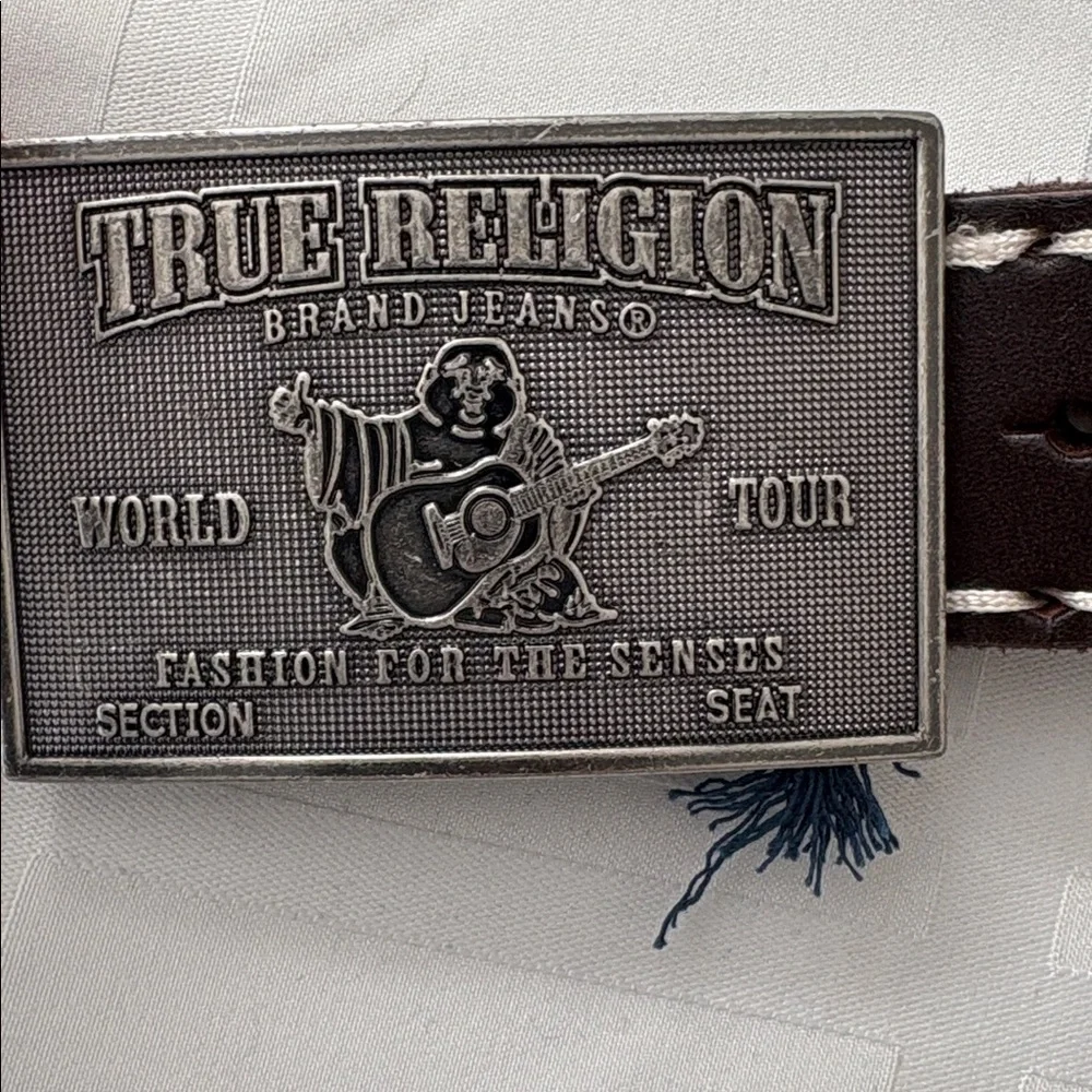 True‎ Religion Men's Brown Stitching Belt with Signature Buddha Silver Buckle 38